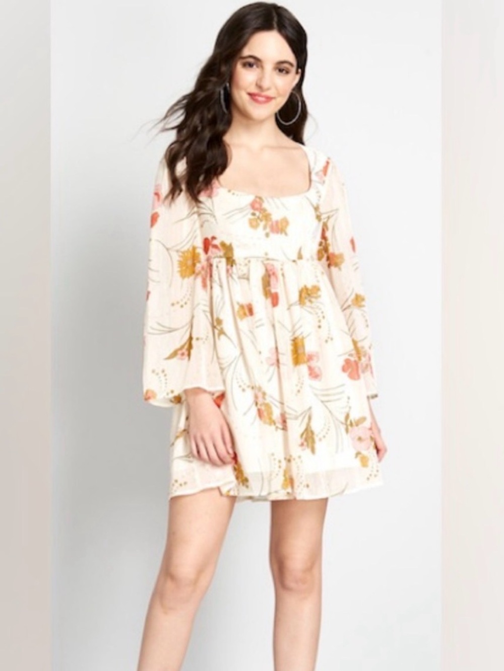 ModCloth | Floral Square-Neck Bell Sleeve Babydoll dress
